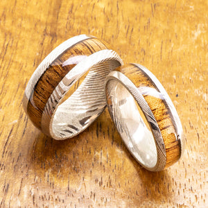 Damascus Steel Ring with Hawaiian Koa Wood (6mm - 8mm width, Barrel Style)