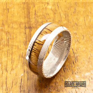 Damascus Steel Ring with Hawaiian Koa Wood (6mm - 8mm width, Barrel Style)