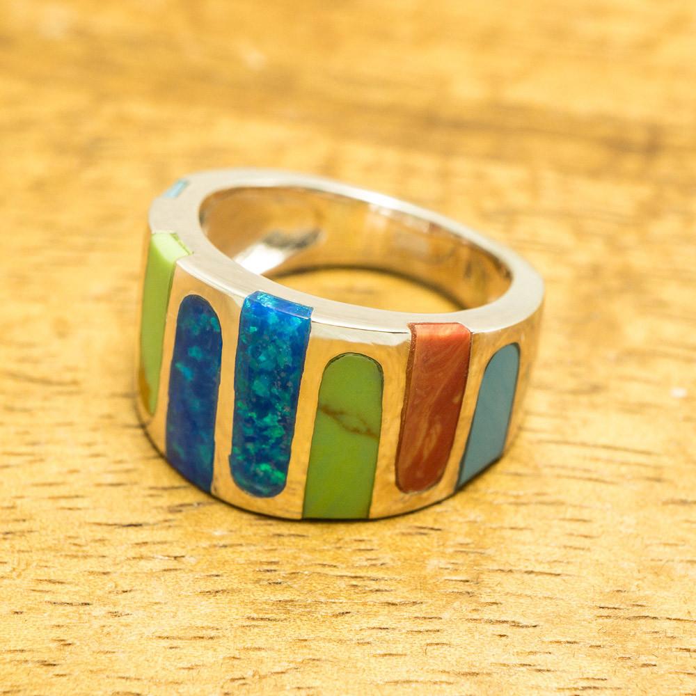 Sterling Silver Rainbow Mosaic Stone Inlay Ring