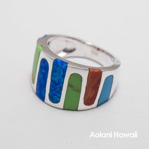 Sterling Silver Rainbow Mosaic Stone Inlay Ring