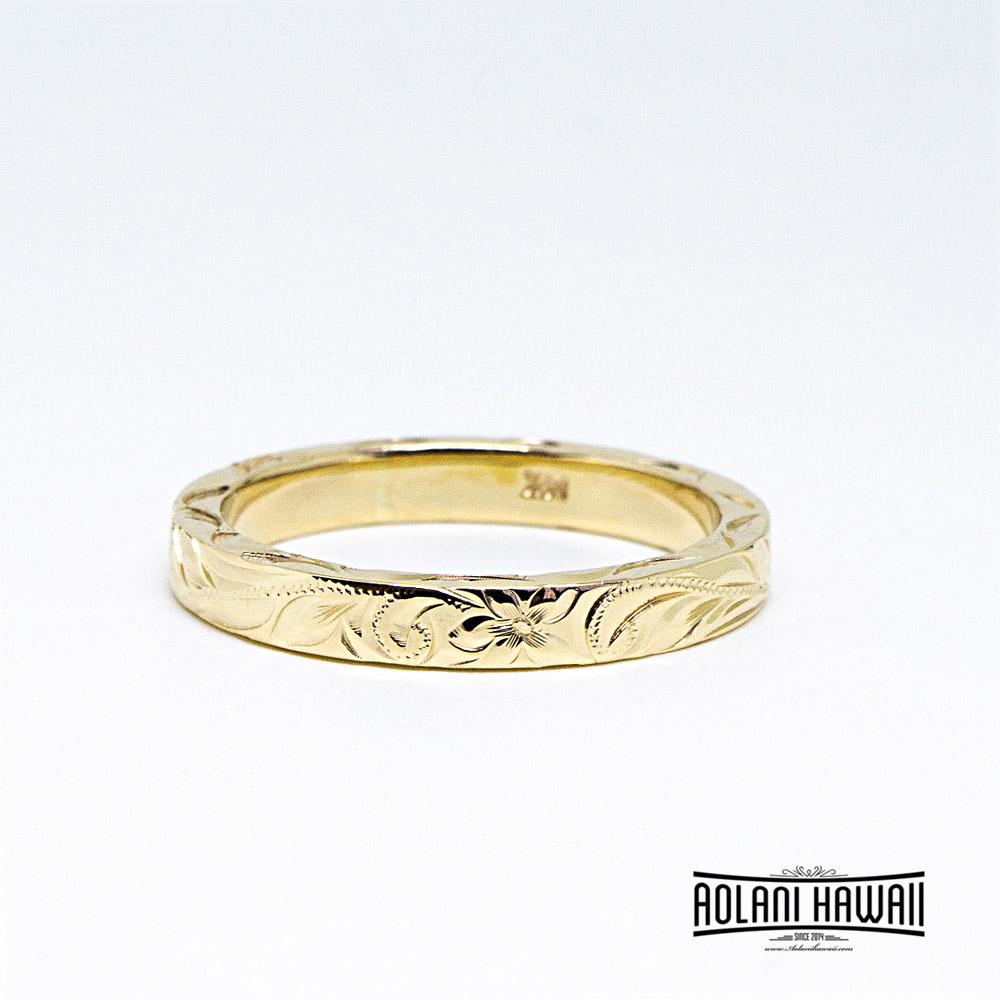 Traditional Hawaiian Hand Engraved 14K Gold Ring 3mm Width 2mm Thick Flat Style