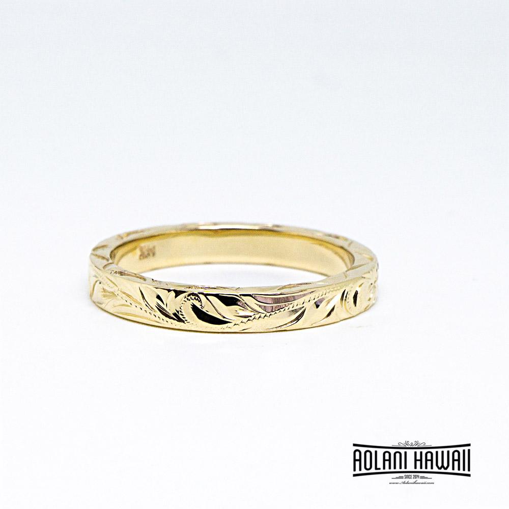 Traditional Hawaiian Hand Engraved 14K Gold Ring 3mm Width 2mm Thick Flat Style