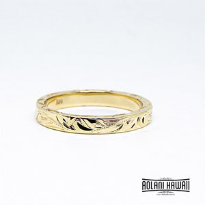 Traditional Hawaiian Hand Engraved 14K Gold Ring 3mm Width 2mm Thick Flat Style