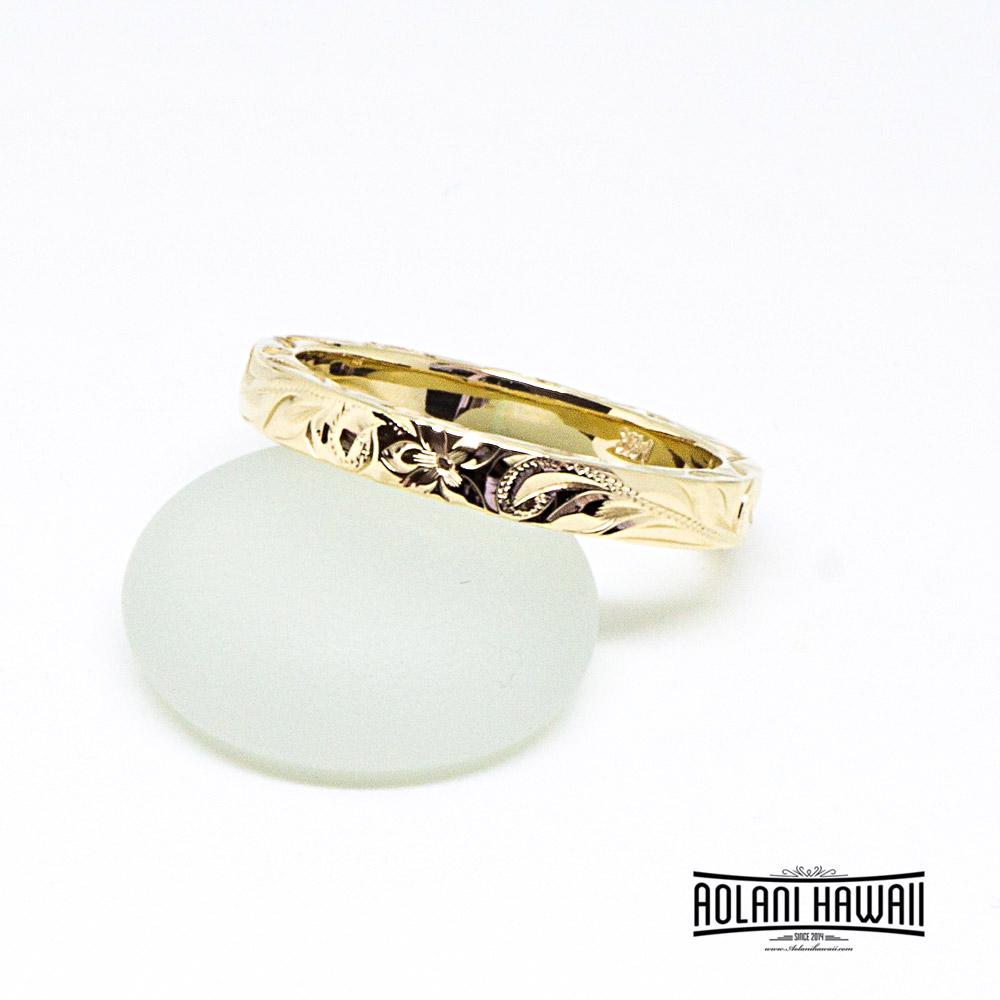 Traditional Hawaiian Hand Engraved 14K Gold Ring 3mm Width 2mm Thick Flat Style