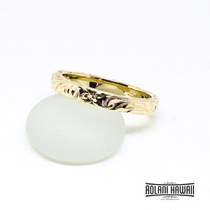 Traditional Hawaiian Hand Engraved 14K Gold Ring 3mm Width 2mm Thick Flat Style