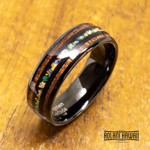 Fire Opal Black Tungsten Ring with Koa Wood Inlay