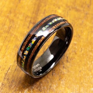 Fire Opal Black Tungsten Ring with Koa Wood Inlay