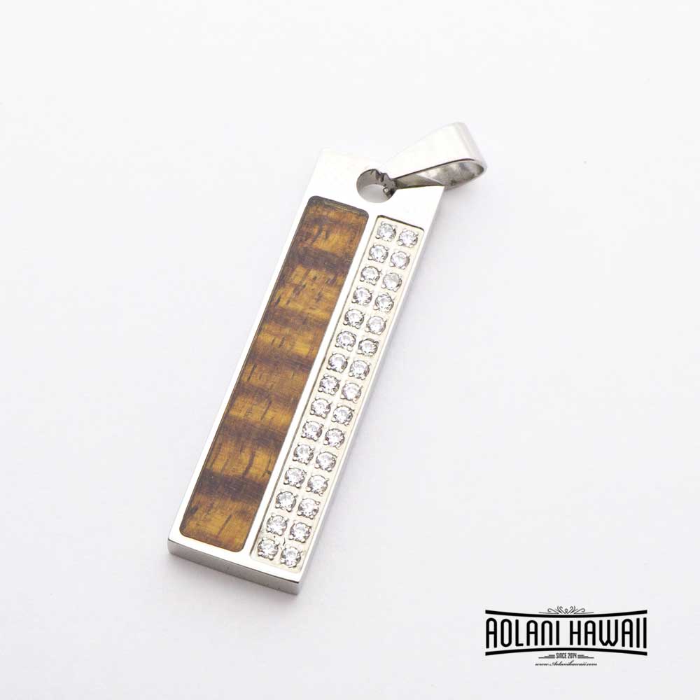 Stainless Steel Pendant with Hawaiian Koa Wood (10mm, CZ Stone, Free Stainless Chain included)