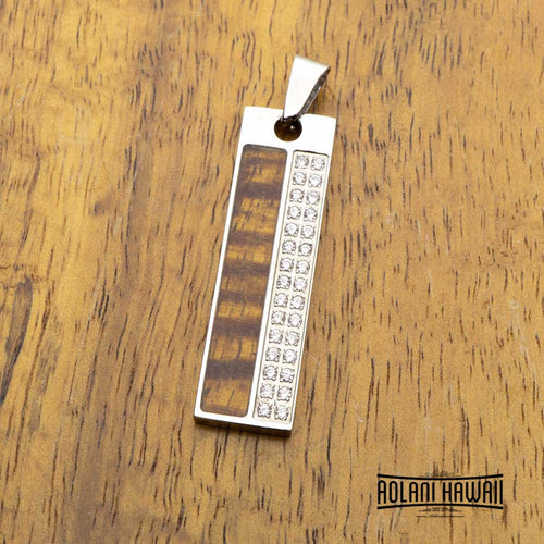 Stainless Steel Pendant with Hawaiian Koa Wood (10mm, CZ Stone, Free Stainless Chain included)