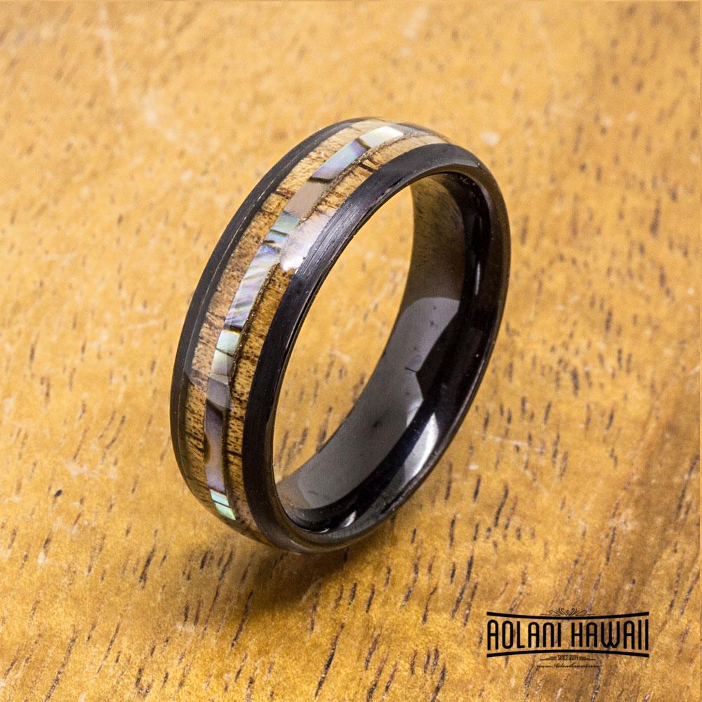 
            
                Load image into Gallery viewer, Black Tungsten Ring with Abalone with Koa Wood Inlay
            
        