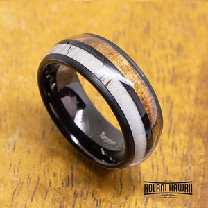 Black Antler Tungsten Ring with Koa Wood Inlay