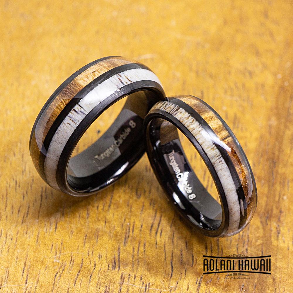 
            
                Load image into Gallery viewer, Black Antler Tungsten Ring with Koa Wood Inlay
            
        