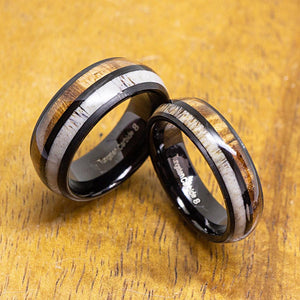 
            
                Load image into Gallery viewer, Black Antler Tungsten Ring with Koa Wood Inlay
            
        