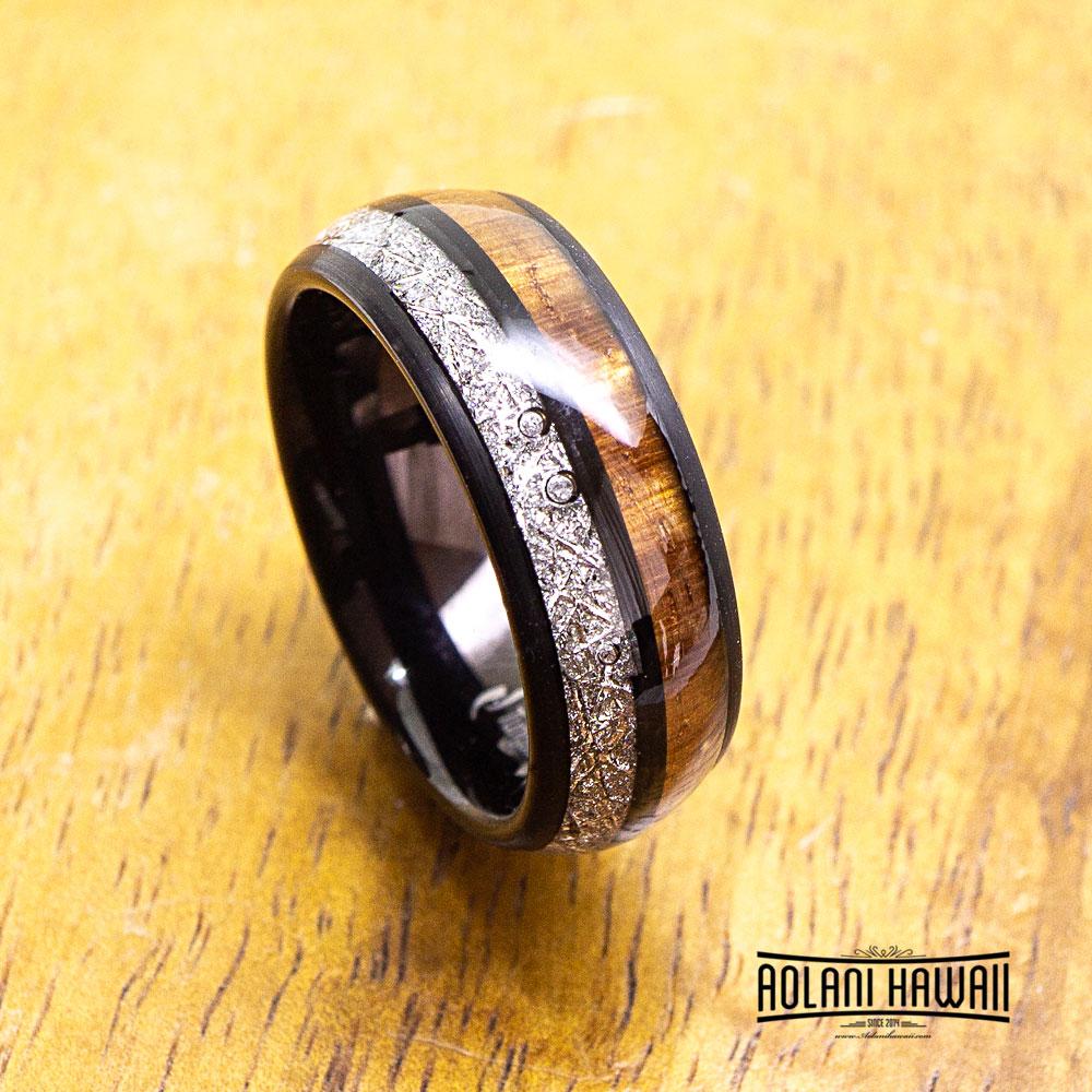 Meteorite Black Tungsten Ring with Koa Wood Inlay