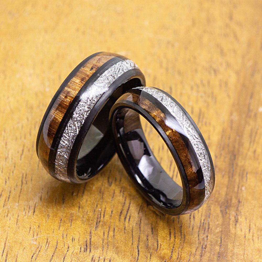 
            
                Load image into Gallery viewer, Meteorite Black Tungsten Ring with Koa Wood Inlay
            
        