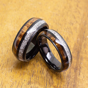 
            
                Load image into Gallery viewer, Meteorite Black Tungsten Ring with Koa Wood Inlay
            
        