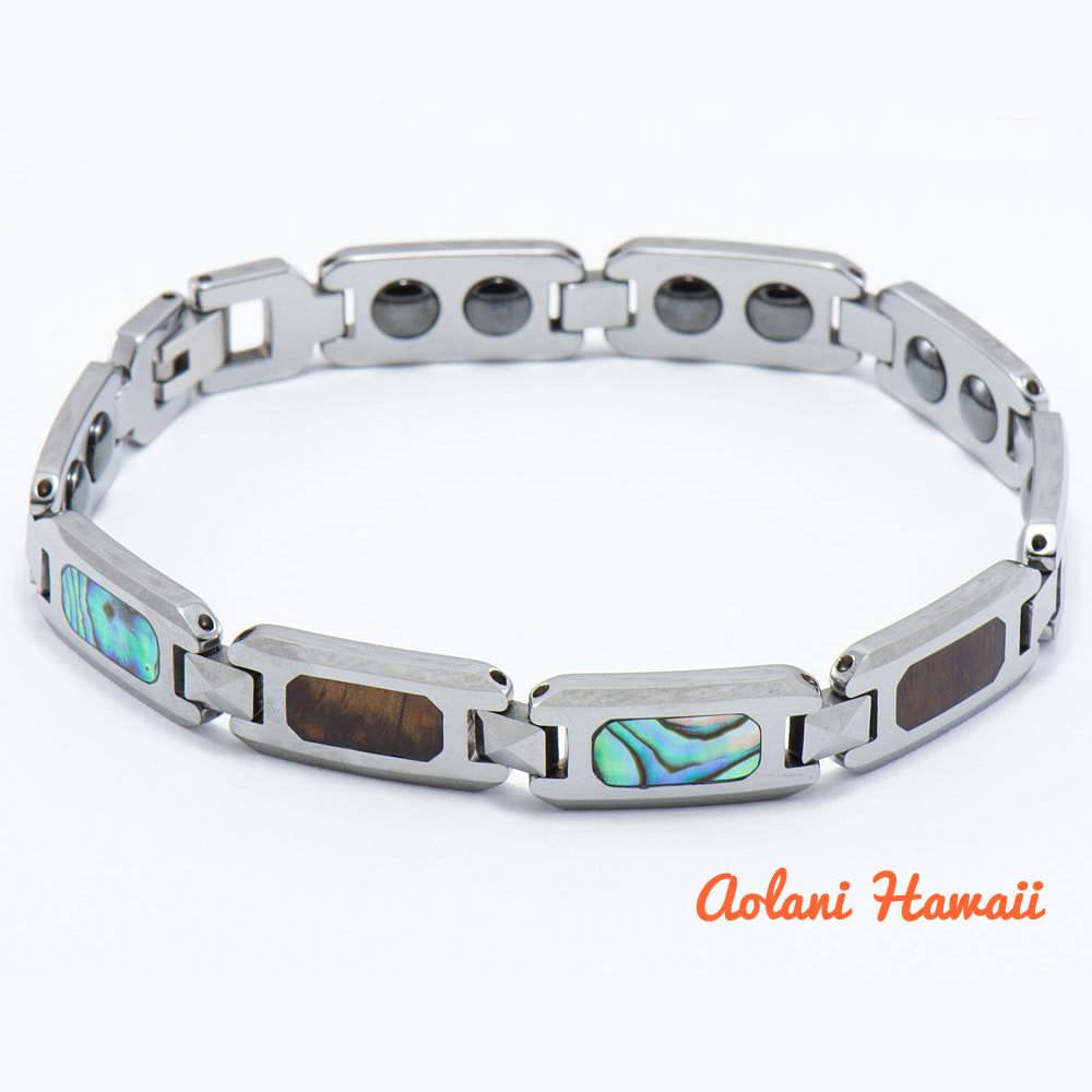 Abalone Koa Wood Bracelet handmade with Tungsten Carbide (10mm width, 8" inch in length) - Aolani Hawaii - 1