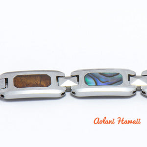 Abalone Koa Wood Bracelet handmade with Tungsten Carbide (10mm width, 8" inch in length) - Aolani Hawaii - 2