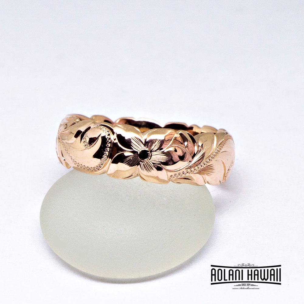 Hawaiian Ring - Hand Engraved 14k Gold Barrel Ring (6mm width, Barrel style)
