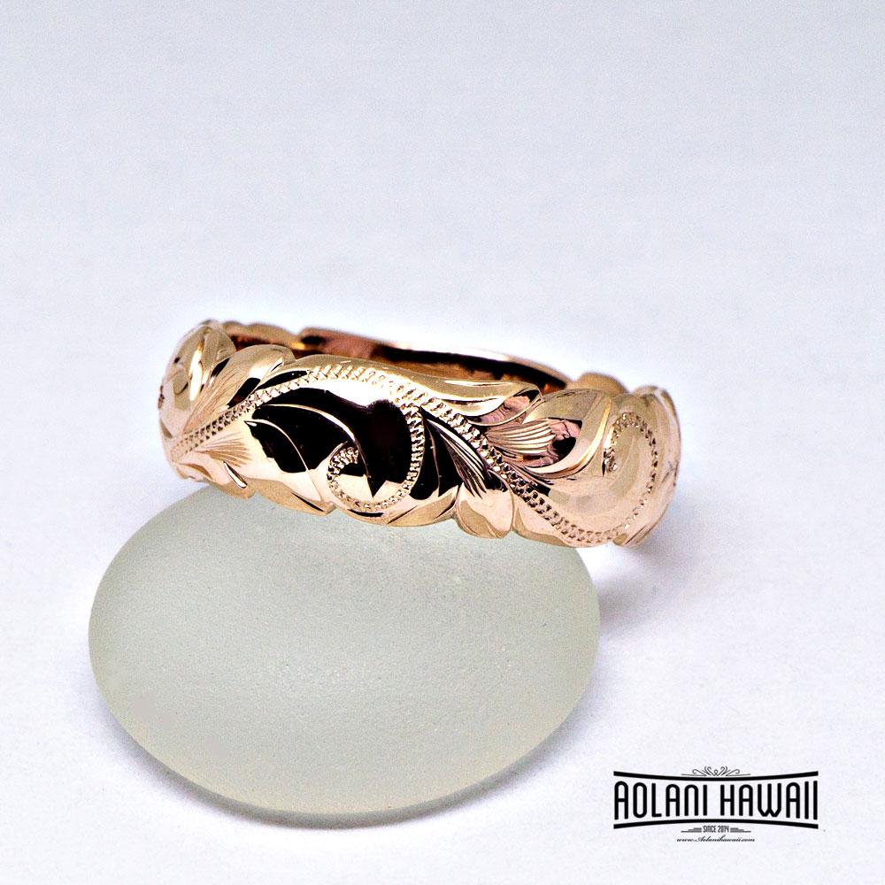 Hawaiian Ring - Hand Engraved 14k Gold Barrel Ring (6mm width, Barrel style)