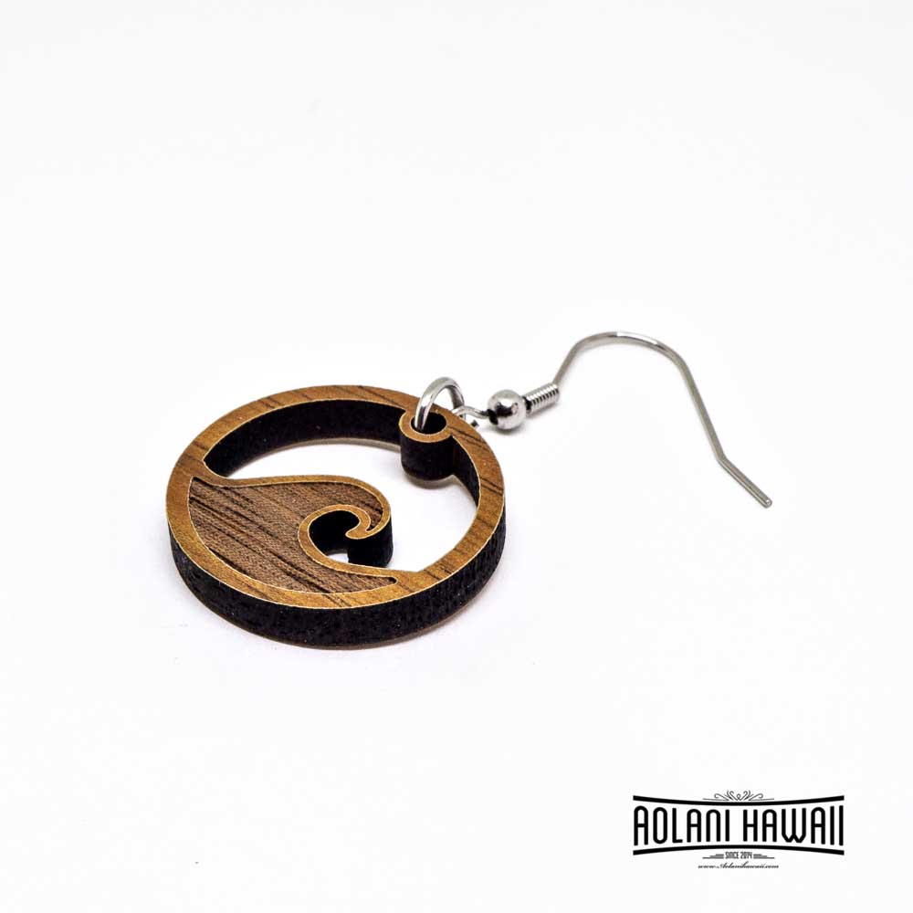 Handmade Koa Wood Ocean Wave Earring Pierce