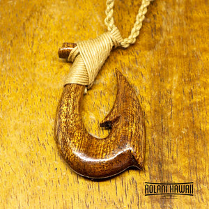 Handmade Hawaiian Koa Wood Fishhook Pendant Necklace