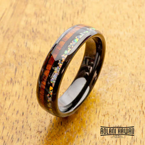 Fire Opal Black Tungsten Ring with Koa Wood Inlay