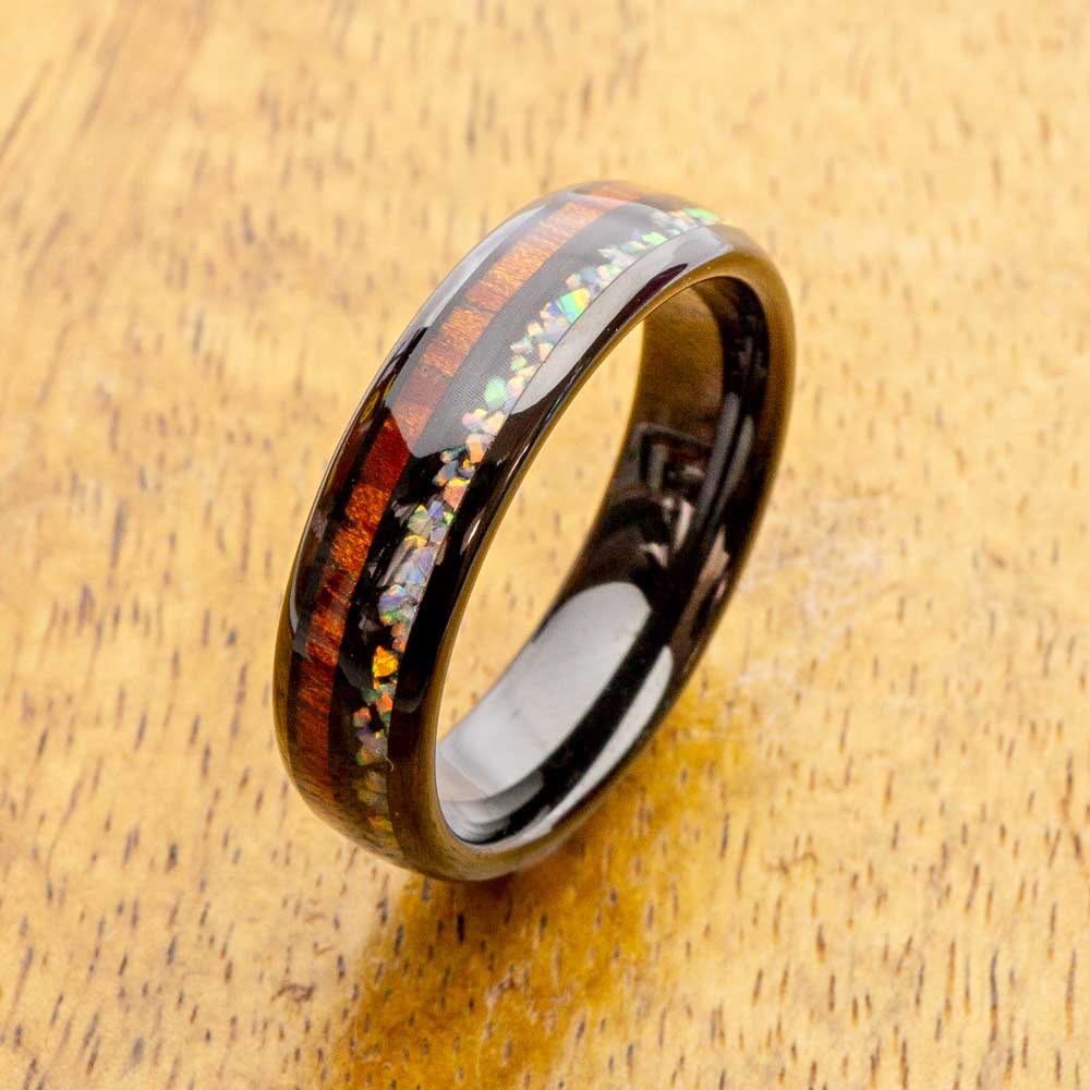 Fire Opal Black Tungsten Ring with Koa Wood Inlay