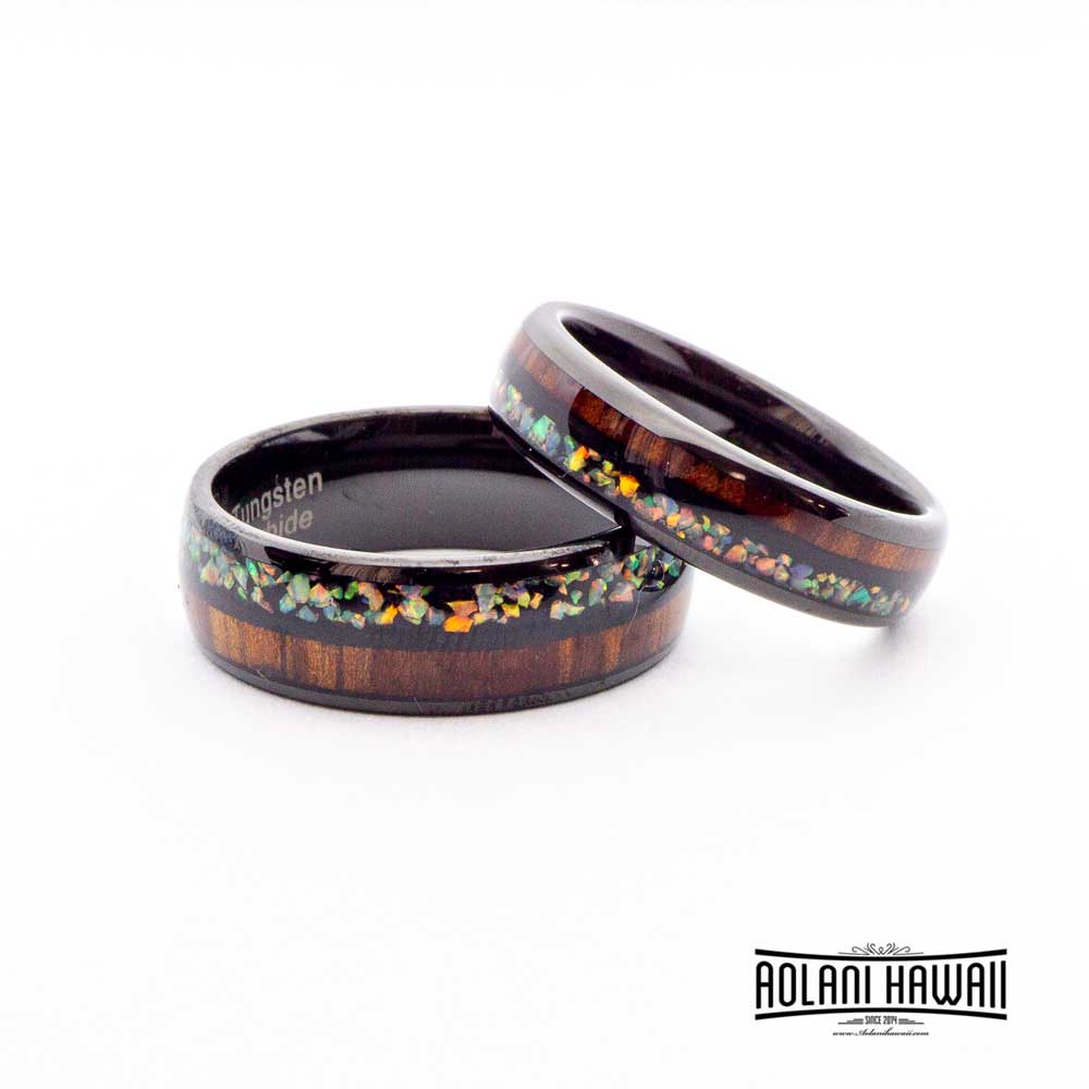 Fire Opal Black Tungsten Ring with Koa Wood Inlay