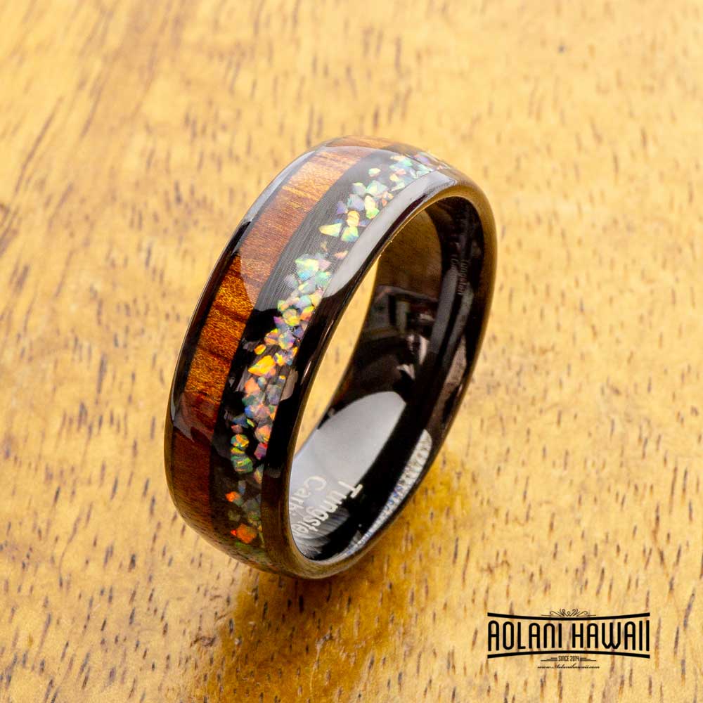 Fire Opal Black Tungsten Ring with Koa Wood Inlay