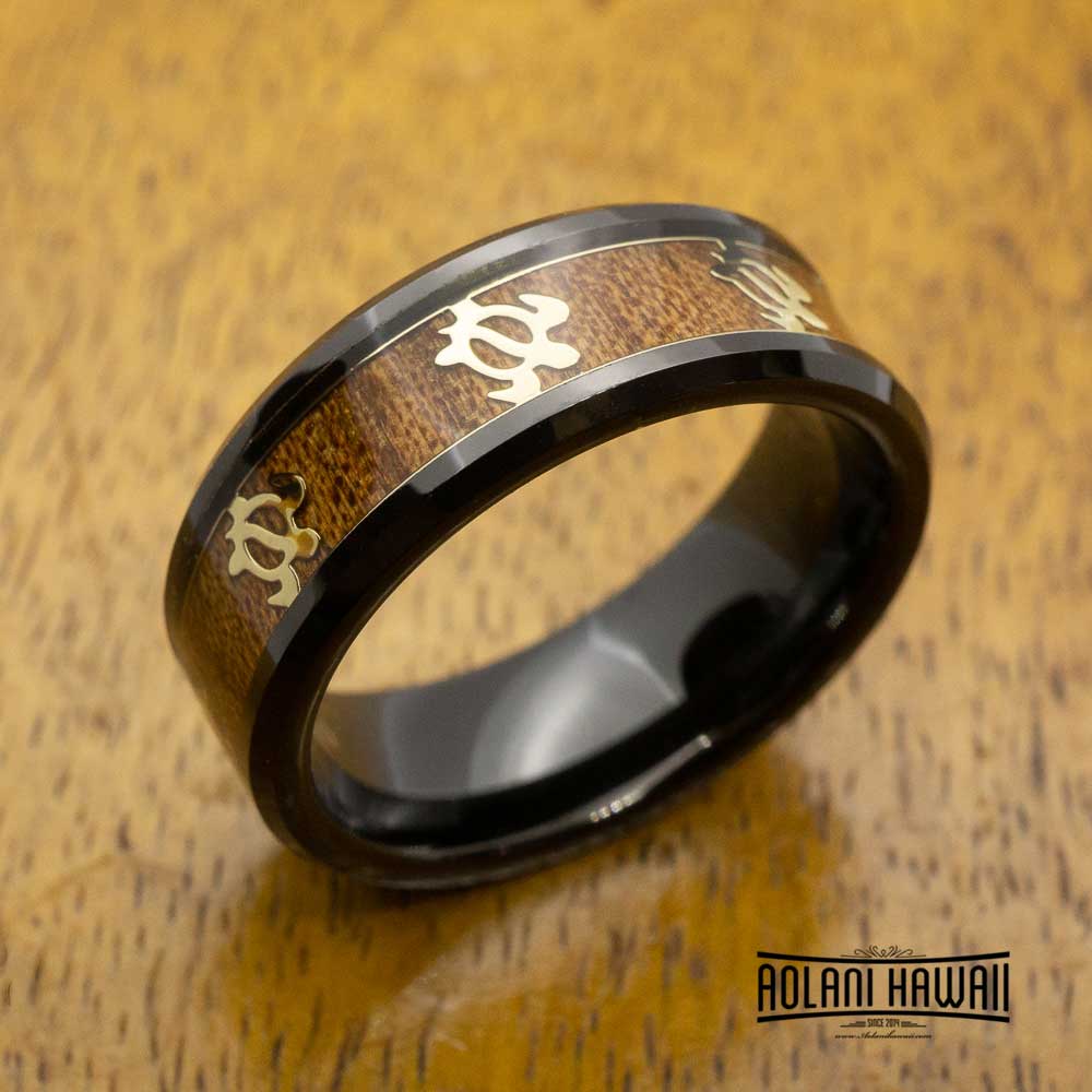 
            
                Load image into Gallery viewer, Black Tungsten with Gold Turtle Ring with Koa Wood Inlay (8mm Width, Flat style)
            
        