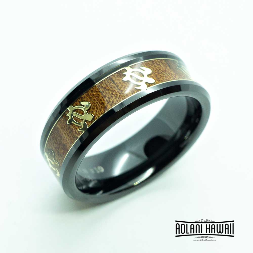 
            
                Load image into Gallery viewer, Black Tungsten with Gold Turtle Ring with Koa Wood Inlay (8mm Width, Flat style)
            
        