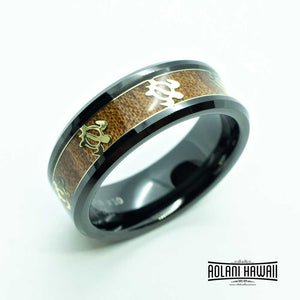 Black Tungsten with Gold Turtle Ring with Koa Wood Inlay (8mm Width, Flat style)