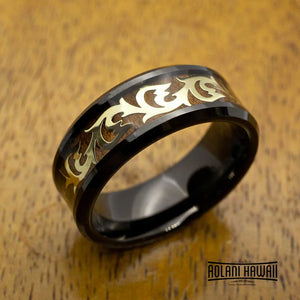 Old English Leaf & Wave Tungsten Ring with Koa Wood Inlay (8mm Width, Flat style)