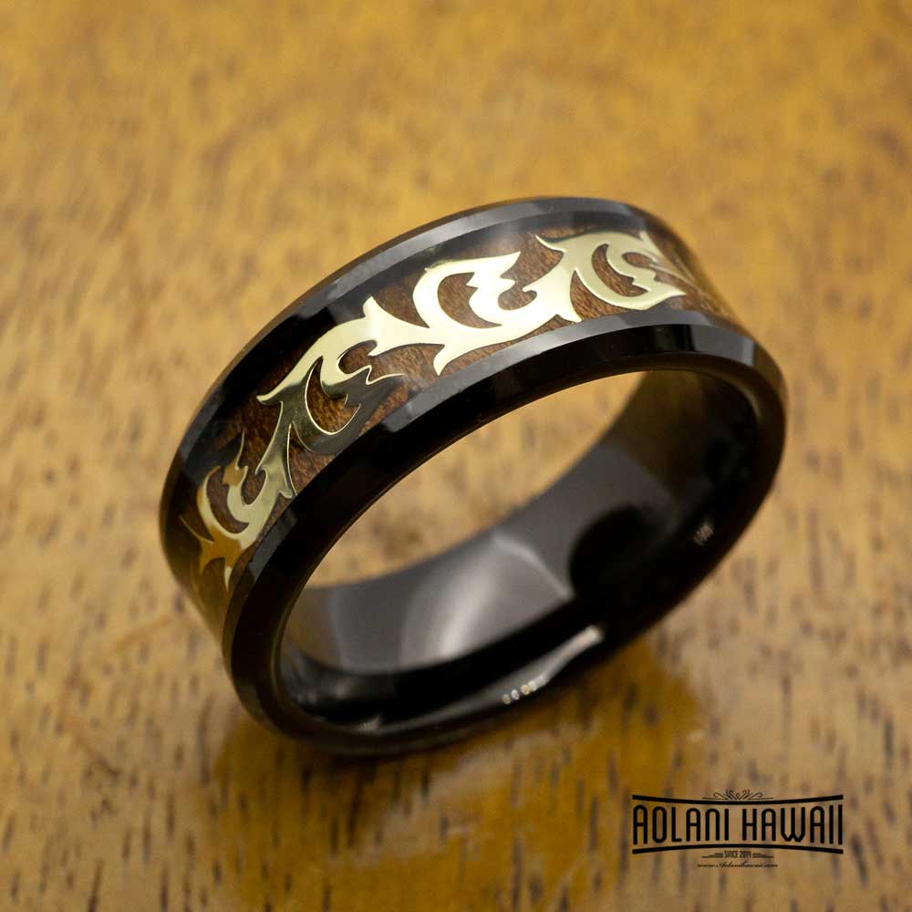 Black Gold Old English Wave Tungsten Ring with Koa Wood Inlay (8mm Width, Flat style)