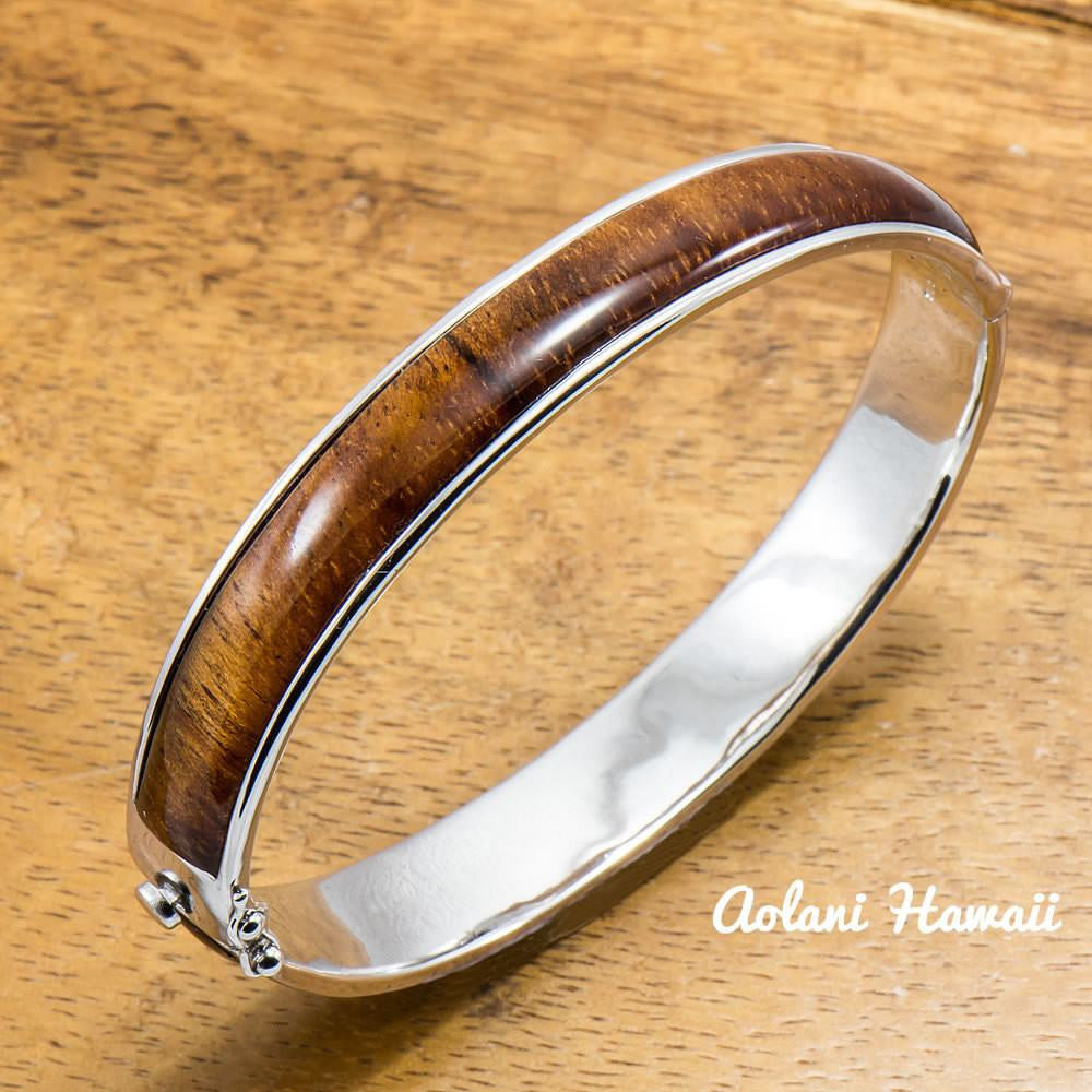 
            
                Load image into Gallery viewer, Sterling Silver Bracelet with Hawaiian Koa Wood Double Inlay (10mm width) - Aolani Hawaii - 1
            
        