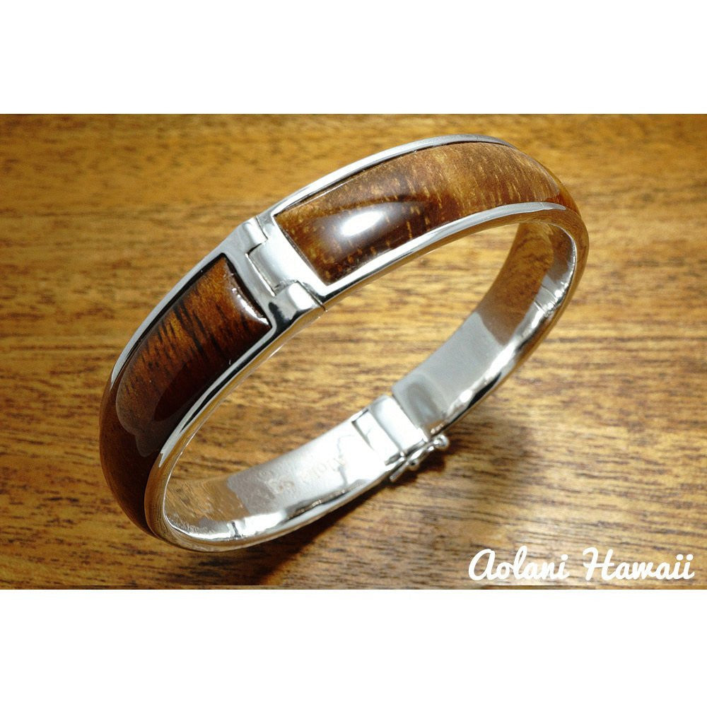 Sterling Silver Bracelet with Hawaiian Koa Wood Double Inlay (10mm width) - Aolani Hawaii - 4