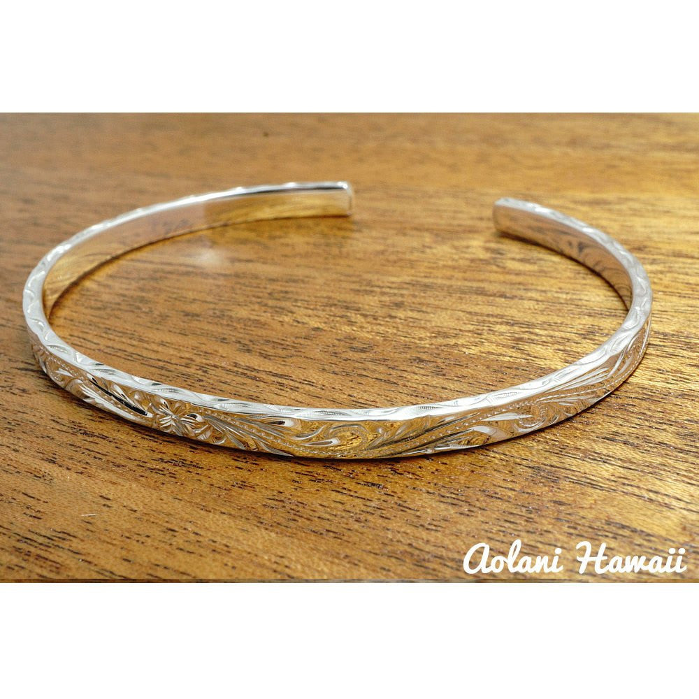 Traditional Hawaiian Hand Engraved Sterling Silver Bracelet (4mm width & 2mm thickness) - Aolani Hawaii - 2