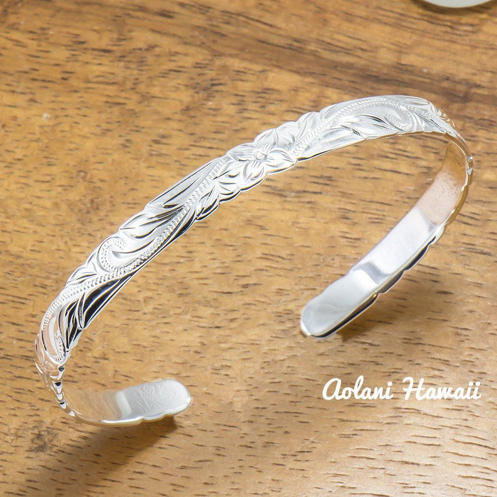 Traditional Hawaiian Hand Engraved Sterling Silver Bracelet (6mm width, Barrel Style) - Aolani Hawaii - 2