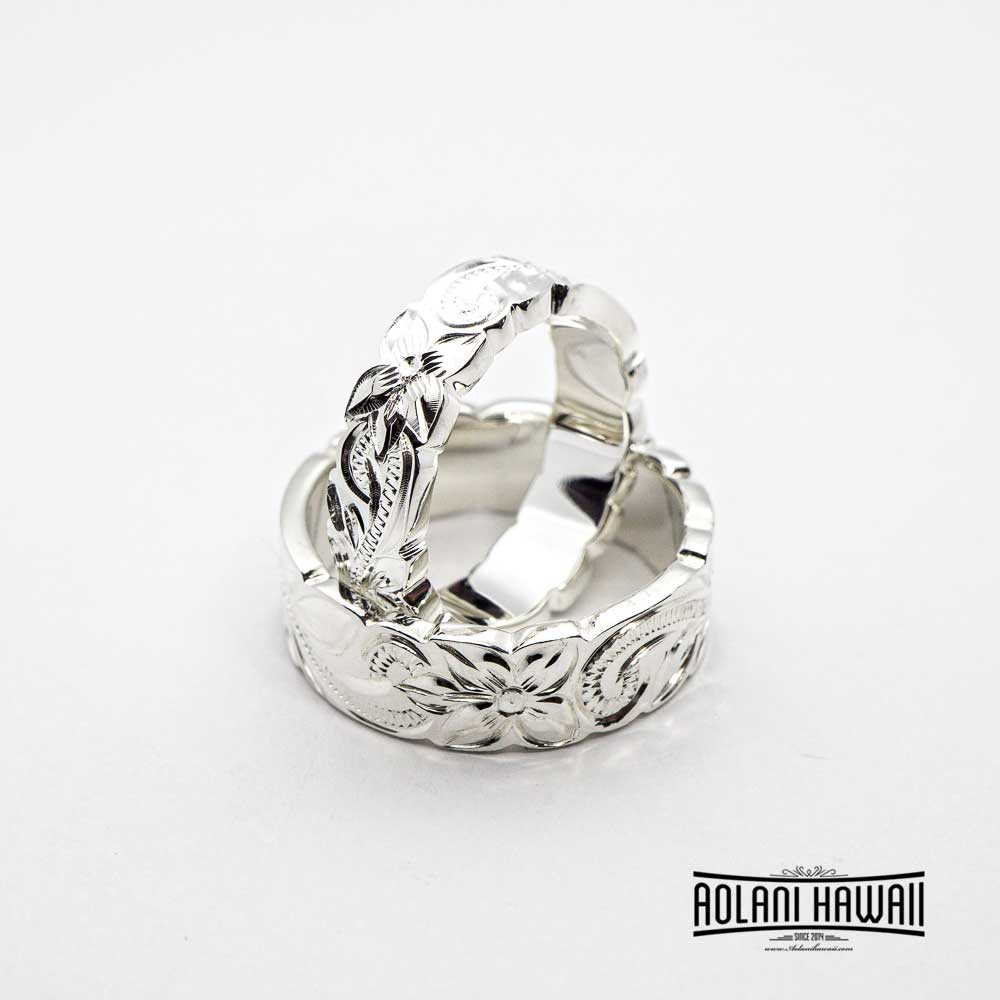 Set of Traditional Hawaiian Hand Engraved Sterling Silver Ring (6mm & 8mm width, Flat Style)