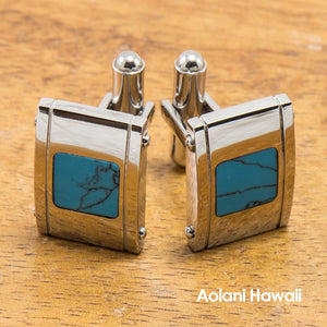 
            
                Load image into Gallery viewer, Tungsten Cuff links with Turquoise Inlay (14mm x 20mm) - Aolani Hawaii
            
        