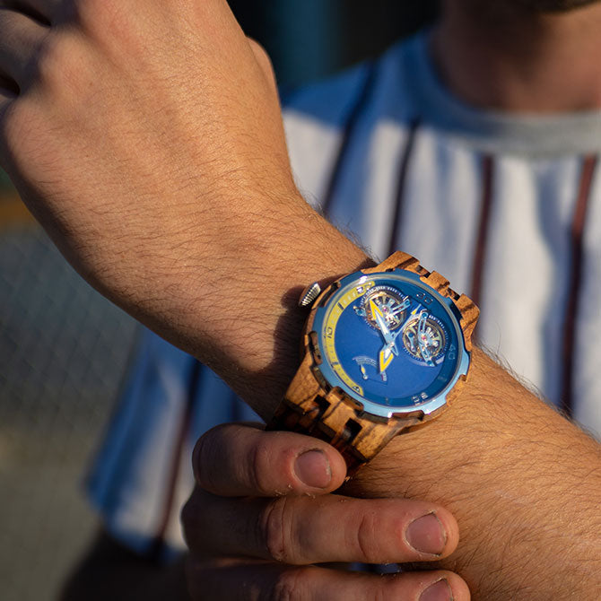 NEW - Men's Dual Wheel Automatic Zebra Wood Watch