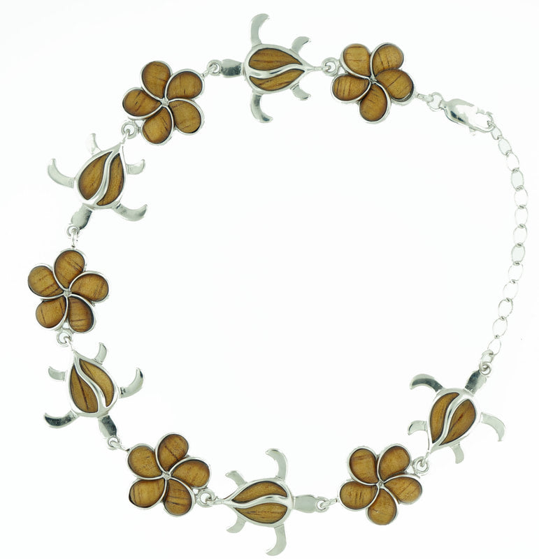 
            
                Load image into Gallery viewer, Koa Wood Honu Turtle Flower Larimar Sterling Silver Bracelet
            
        