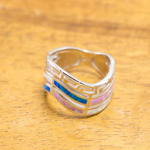 Waved Rainbow Colored Stone Inlay Sterling Silver Ring