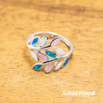 Leaf Rainbow Colored Stone Inlay Sterling Silver Ring