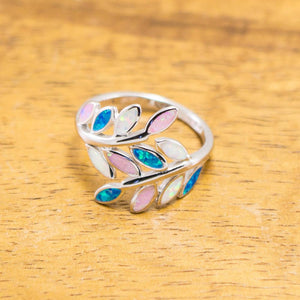 Leaf Rainbow Colored Stone Inlay Sterling Silver Ring