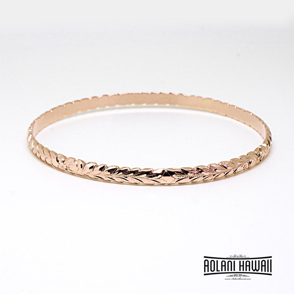 14K Gold Hawaiian Traditional Maile Design Bracelet Bangle (4mm Barrel)