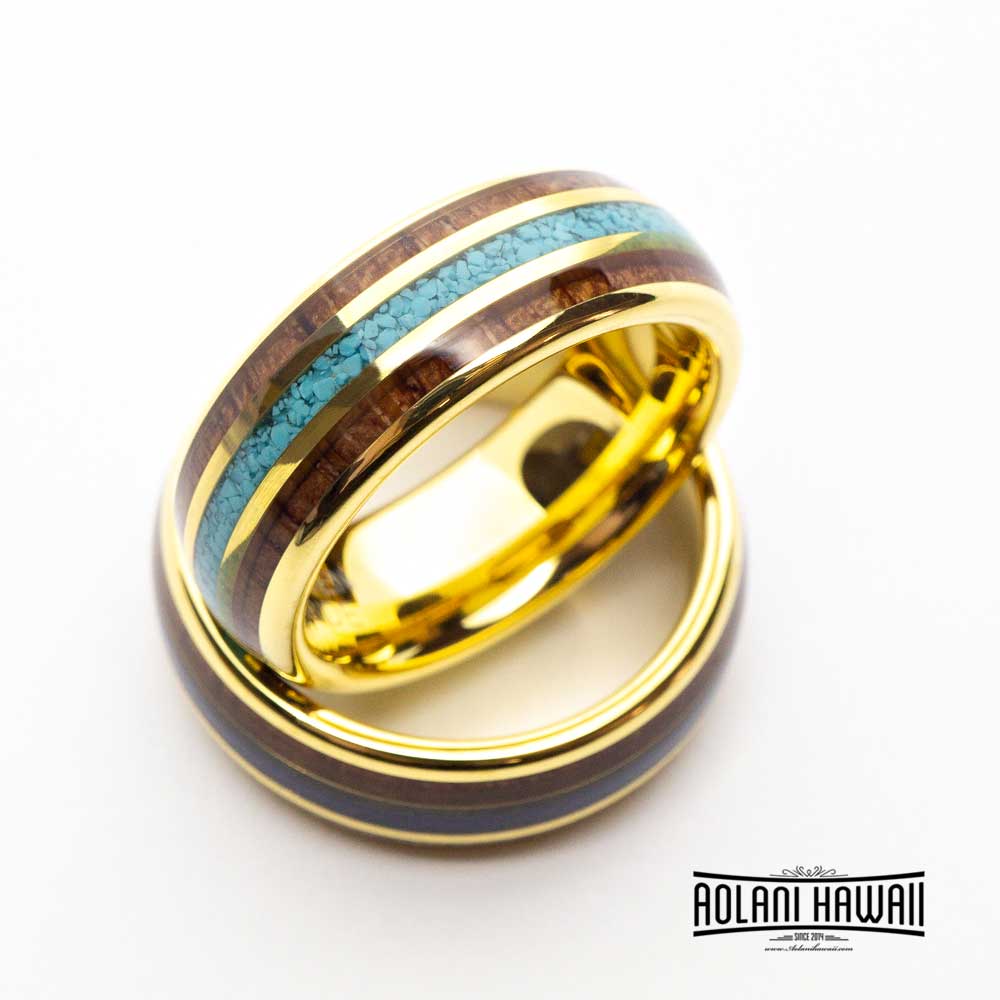 Tungsten Ring with Koa Wood, Turquoise, Lapis & Malachite Inlays