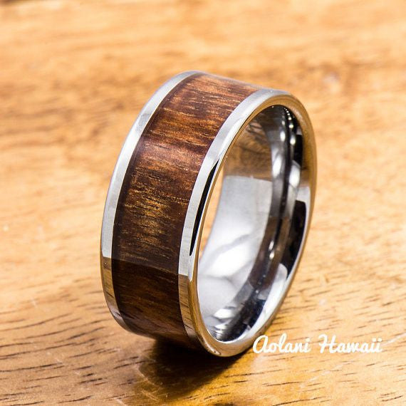 
            
                Load image into Gallery viewer, Wedding Band Set of Tungsten Rings with Hawaiian Koa Wood Inlay (4mm &amp;amp; 10mm width, Flat Style) - Aolani Hawaii - 2
            
        