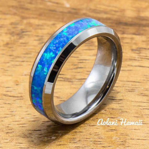 Wedding Band Set of Tungsten Rings with Opal Inlay (6mm & 4mm width, Flat Style) - Aolani Hawaii - 2